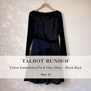 Talbot Runhof Blue Velvet Embellished Fit & Flare Dress Black Size 10